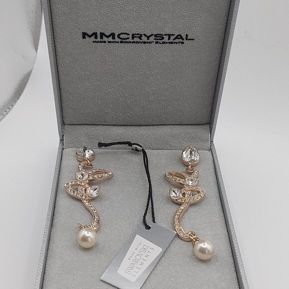 Gorgeous Swarovski Crystal Pearl Dangle Earrings 3.5" Drop New in Box Stunning - Picture 9 of 11